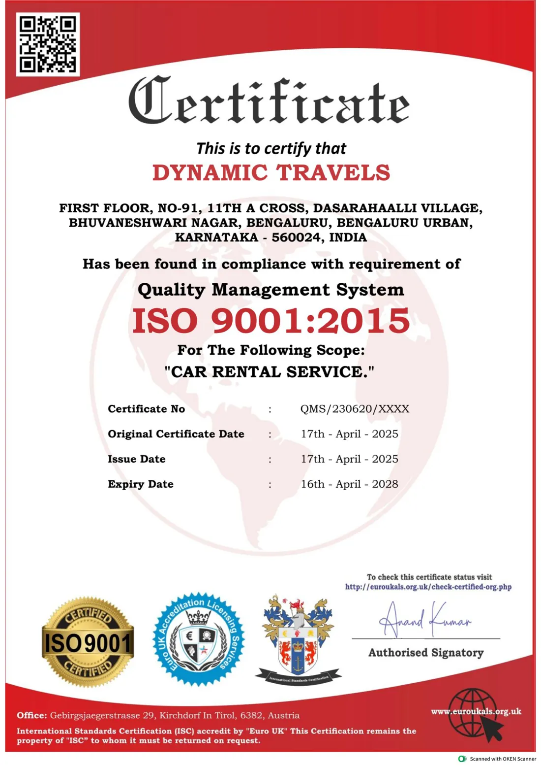 Dynamic Travels ISO 9001:2015 certificate for car rental service
